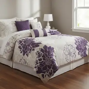 Photo of Set of Seven Purple And White Floral  Ring Stitch Sham And Comforter