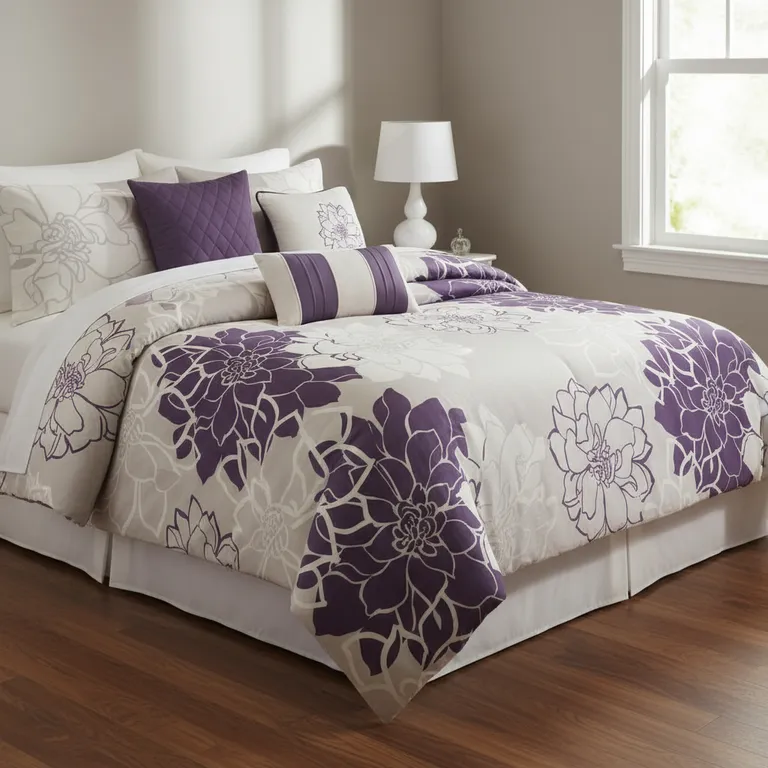 Set of Seven Purple And White Floral  Ring Stitch Sham And Comforter Photo 1