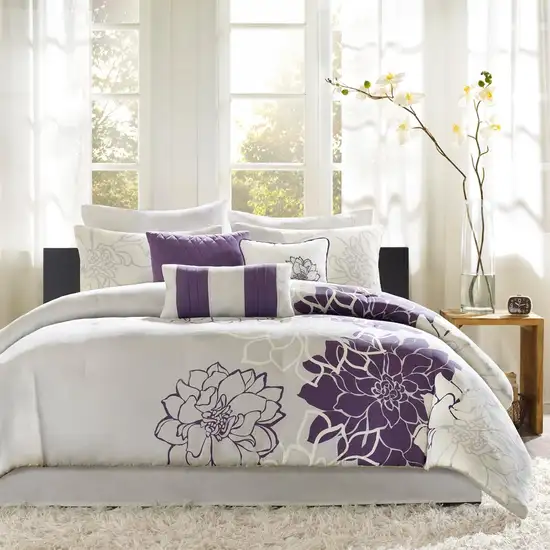 Set of Seven Purple And White Floral King Ring Stitch Sham And Comforter Photo 4