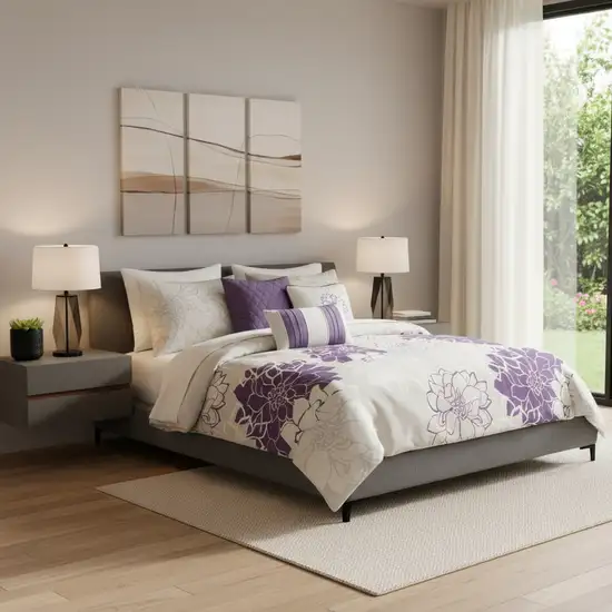 Set of Seven Purple And White Floral  Ring Stitch Sham And Comforter Photo 1