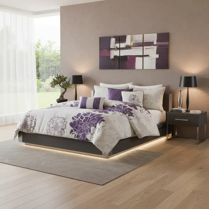 Set of Seven Purple And White Floral Queen Ring Stitch Sham And Comforter Photo 1