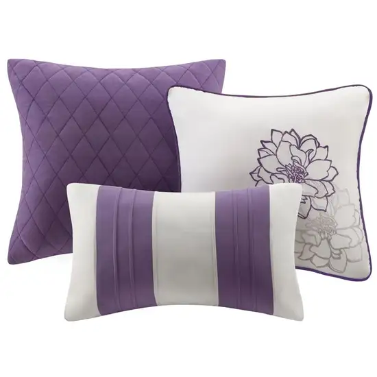 Set of Seven Purple And White Floral Queen Ring Stitch Sham And Comforter Photo 2
