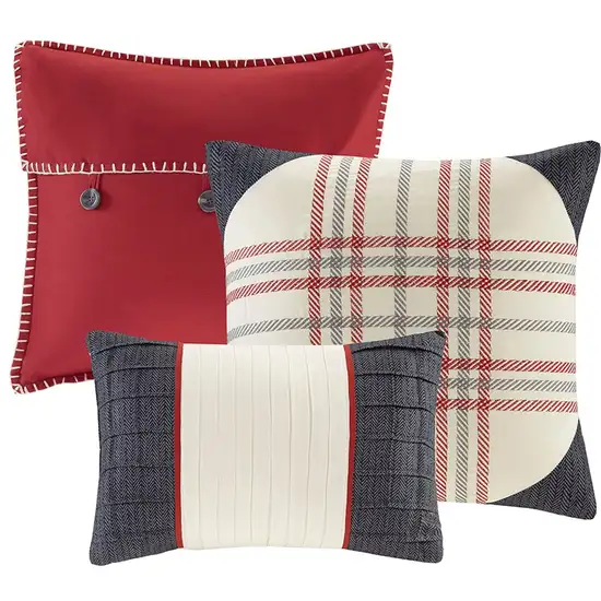 Set of Seven Red And Gray Plaid King Ring Stitch Polyester Sham And Comforter Photo 2