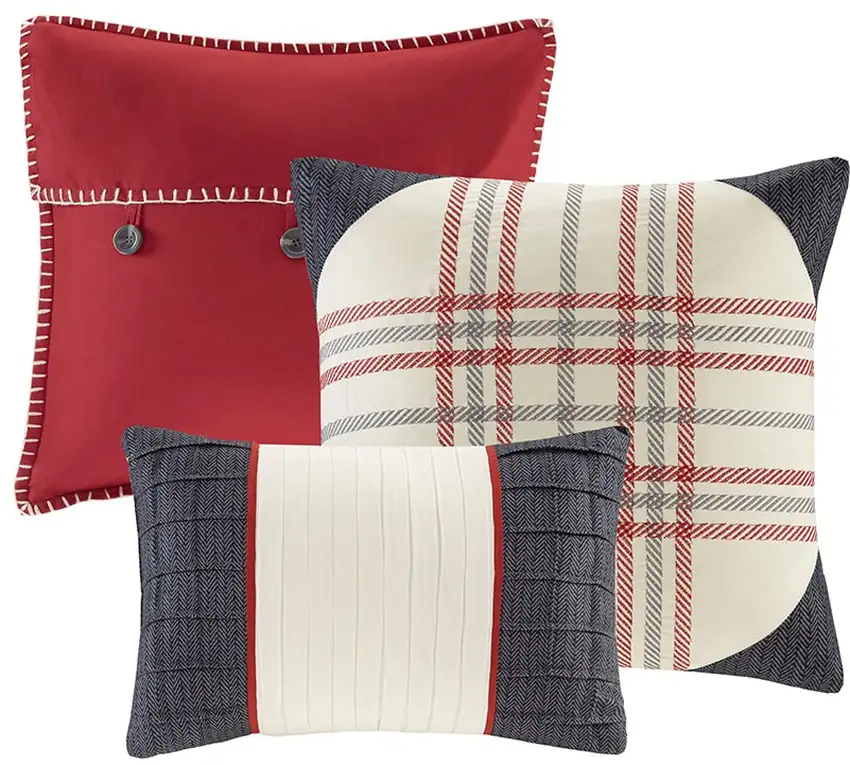 Set of Seven Red And Gray Plaid King Ring Stitch Polyester Sham And Comforter Photo 2