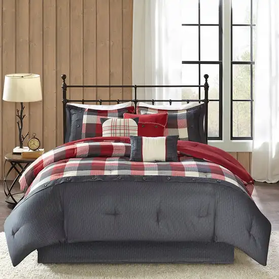 Set of Seven Red And Gray Plaid King Ring Stitch Polyester Sham And Comforter Photo 6