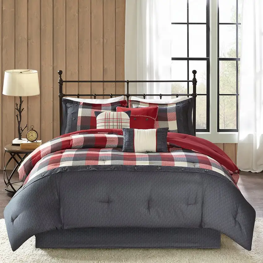 Set of Seven Red And Gray Plaid King Ring Stitch Polyester Sham And Comforter Photo 6