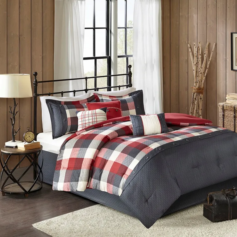 Set of Seven Red And Gray Plaid King Ring Stitch Polyester Sham And Comforter Photo 5