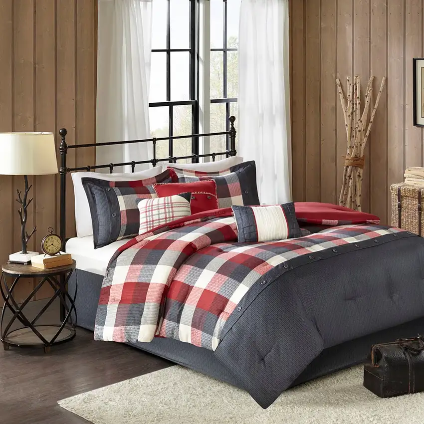 Set of Seven Red And Gray Plaid King Ring Stitch Polyester Sham And Comforter Photo 5