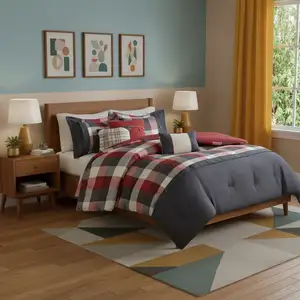 Photo of Set of Seven Red And Gray Plaid King Ring Stitch Polyester Sham And Comforter