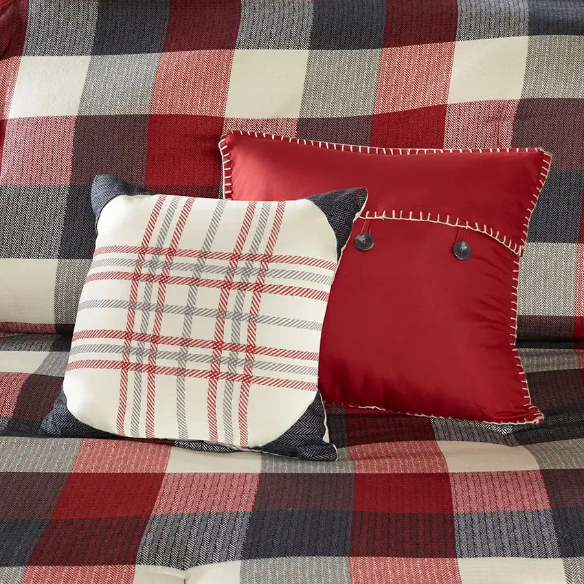 Set of Seven Red And Gray Plaid King Ring Stitch Polyester Sham And Comforter Photo 8