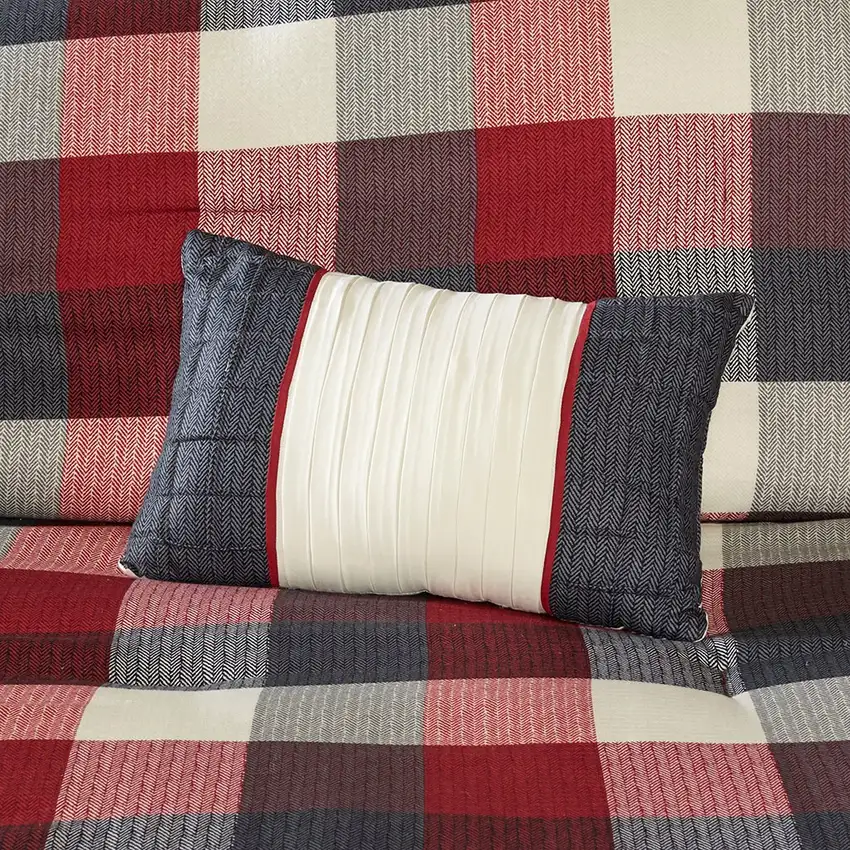 Set of Seven Red And Gray Plaid King Ring Stitch Polyester Sham And Comforter Photo 7