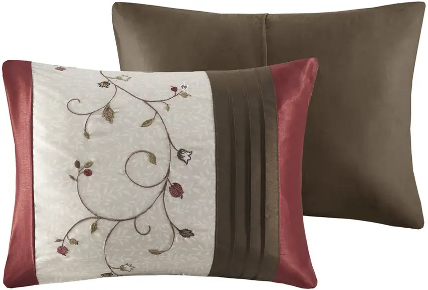 Set of Seven Red Brown And Ivory Floral  Ring Stitch Polyester Sham And Comforter Photo 3
