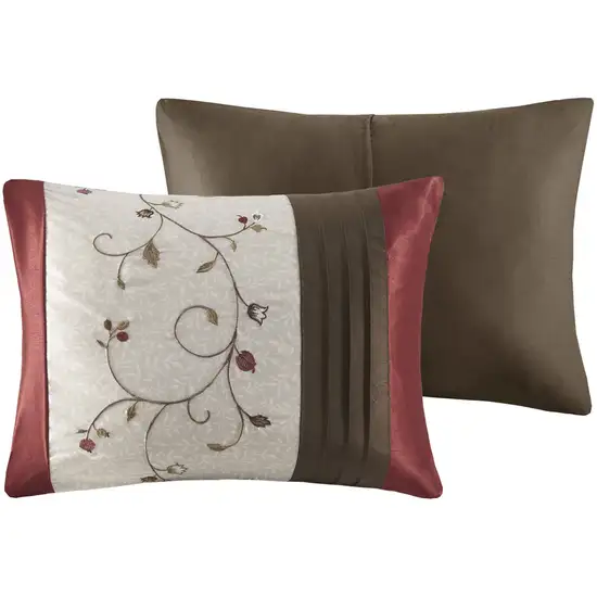 Set of Seven Red Brown And Ivory Floral King Ring Stitch Polyester Sham And Comforter Photo 3