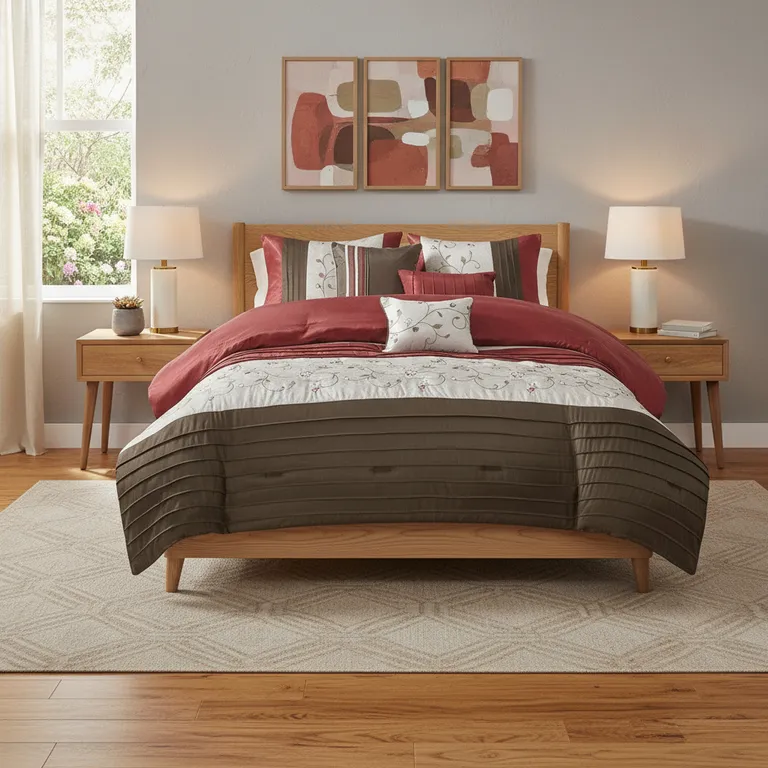 Set of Seven Red Brown And Ivory Floral  Ring Stitch Polyester Sham And Comforter Photo 2