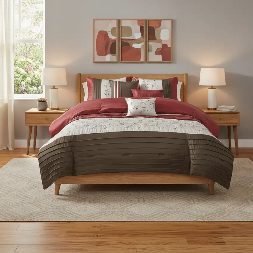 Set of Seven Red Brown And Ivory Floral King Ring Stitch Polyester Sham And Comforter Photo 2