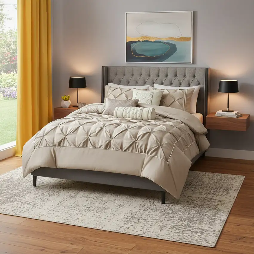 Set of Seven Taupe  Ring Stitch Polyester Sham And Comforter Photo 2