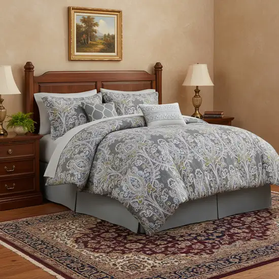 Set of Six Gray And Ivory Damask King Ring Stitch Sham And Comforter Photo 2