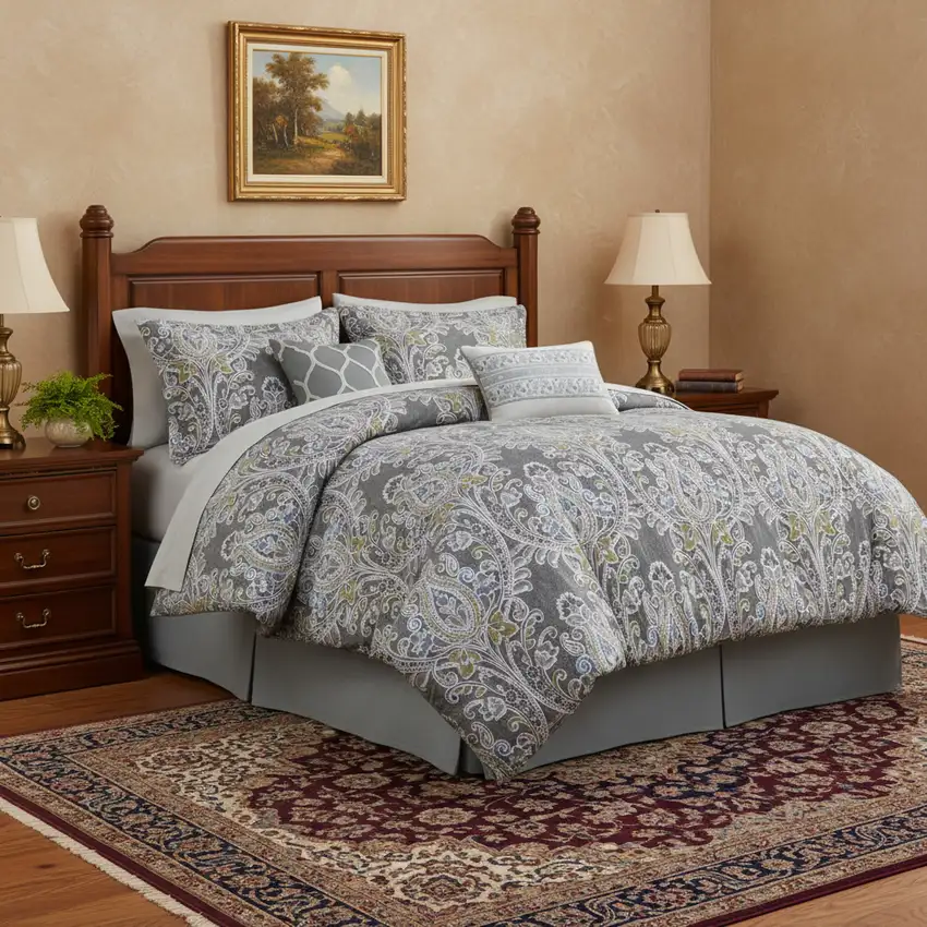 Set of Six Gray And Ivory Damask  Ring Stitch Sham And Comforter Photo 2