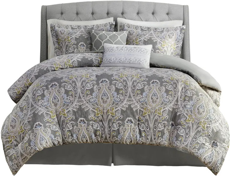 Set of Six Gray And Ivory Damask  Ring Stitch Sham And Comforter Photo 1