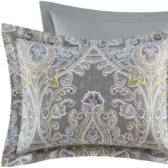 Set of Six Gray And Ivory Damask King Ring Stitch Sham And Comforter Photo 7