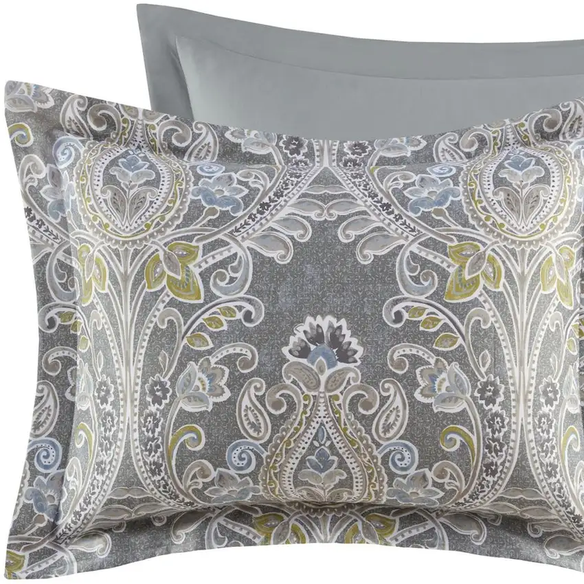Set of Six Gray And Ivory Damask King Ring Stitch Sham And Comforter Photo 7