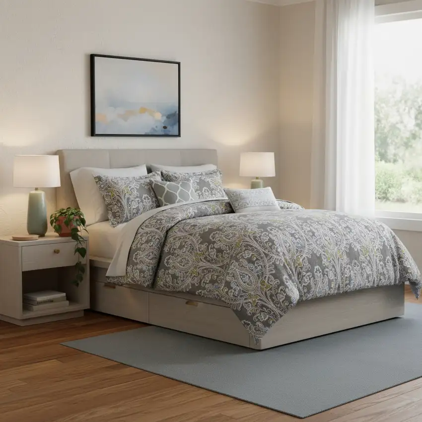 Set of Six Gray And Ivory Damask King Ring Stitch Sham And Comforter Photo 2