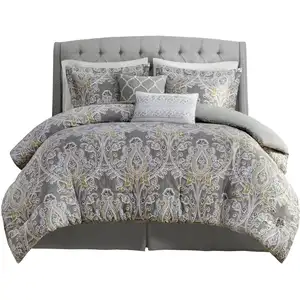 Photo of Set of Six Gray And Ivory Damask  Ring Stitch Sham And Comforter