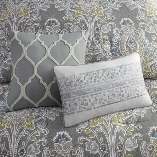 Set of Six Gray And Ivory Damask  Ring Stitch Sham And Comforter Photo 7