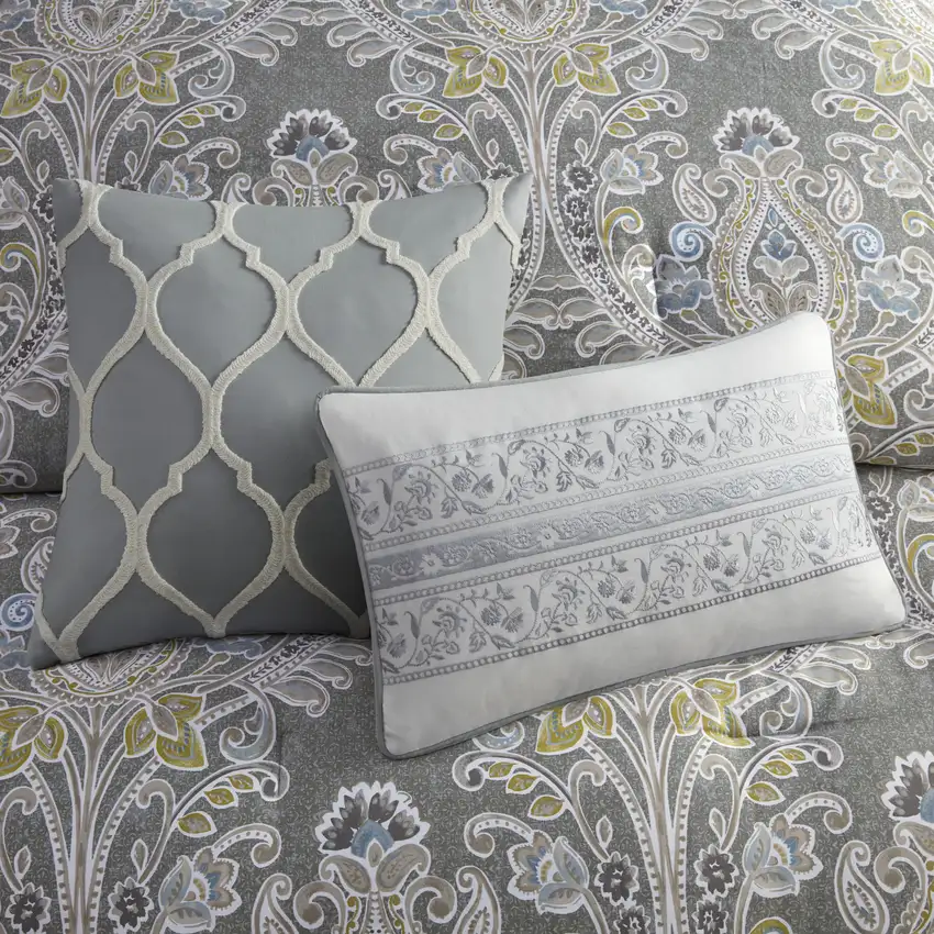 Set of Six Gray And Ivory Damask  Ring Stitch Sham And Comforter Photo 7