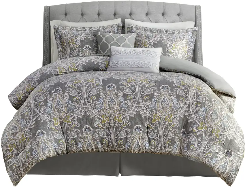 Set of Six Gray And Ivory Damask Full Ring Stitch Sham And Comforter Photo 2