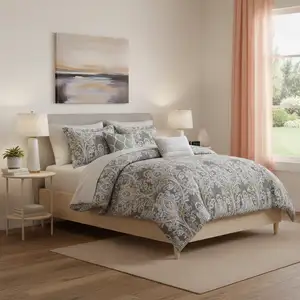 Photo of Set of Six Gray And Ivory Damask  Ring Stitch Sham And Comforter