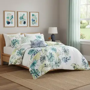 Photo of Set of Six White Blue And Green King Ring Stitch Sham And Comforter
