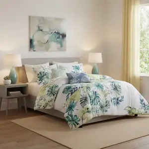 Photo of Set of Six White Blue And Green King Ring Stitch Sham And Comforter