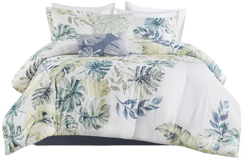 Set of Six White Blue And Green Queen Ring Stitch Sham And Comforter Photo 2