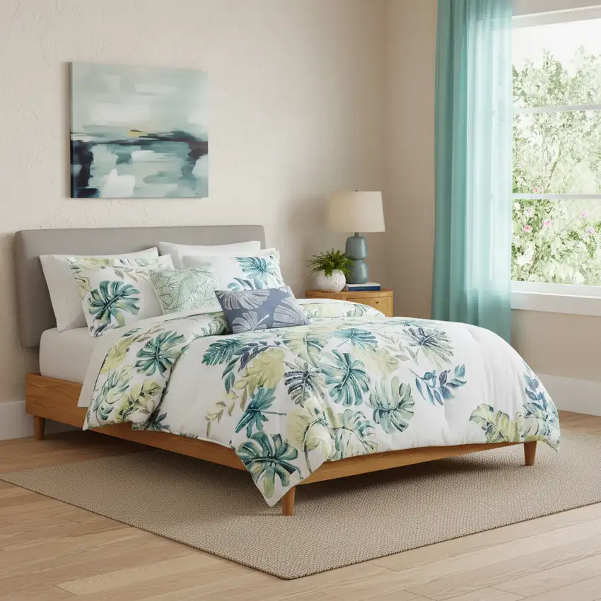 Set of Six White Blue And Green Queen Ring Stitch Sham And Comforter Photo 1