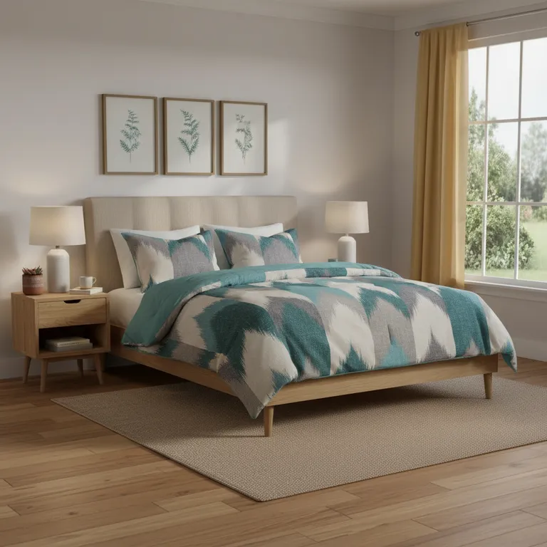 Set of Three Aqua And White Ring Stitch Polyester Sham And Comforter Photo 1