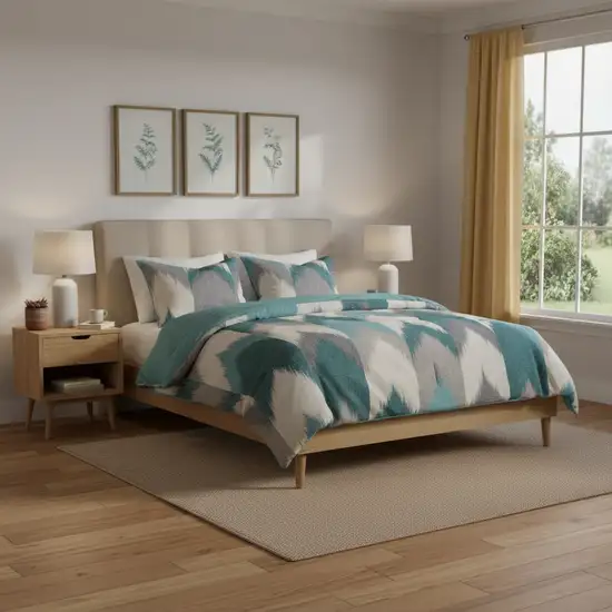 Set of Three Aqua And White Ring Stitch Polyester Sham And Comforter Photo 1