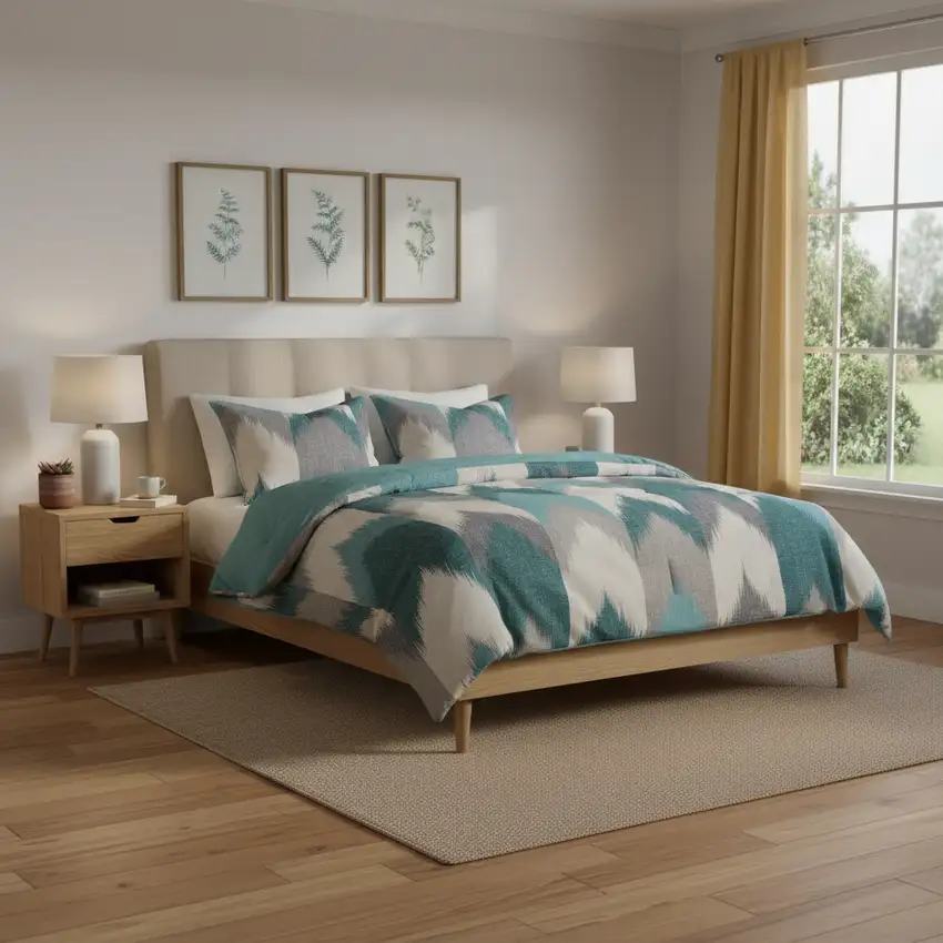 Set of Three Aqua And White Ring Stitch Polyester Sham And Comforter Photo 1