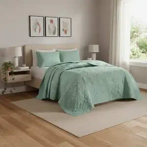 Photo of Set of Three Aqua Medallion  Ring Stitch Sham And Comforter