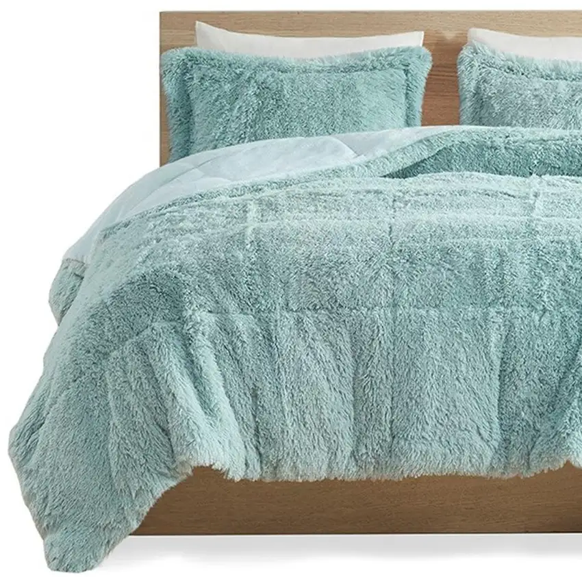 Set of Three Aqua King Ring Stitch Polyester Sham And Comforter Photo 4