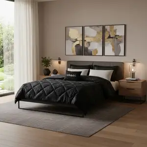 Photo of Set of Three Black  Ring Stitch Polyester Sham And Comforter