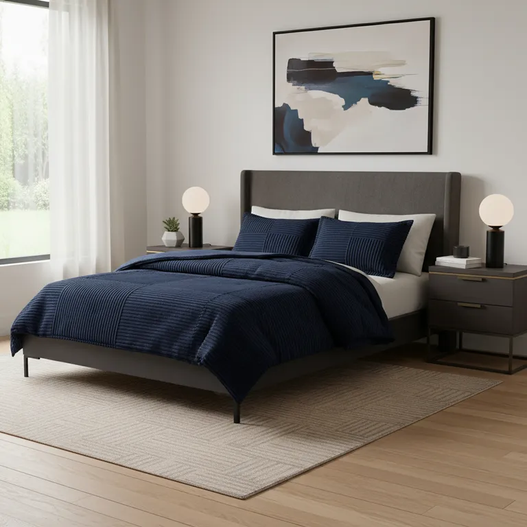 Set of Three Blue  Ring Stitch Polyester Sham And Comforter Photo 1