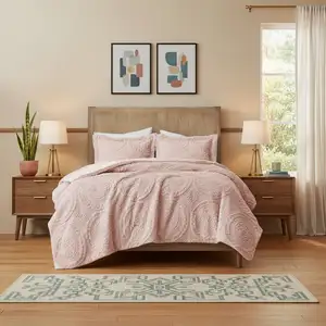 Photo of Set of Three Blush Medallion  Ring Stitch Polyester Sham And Comforter