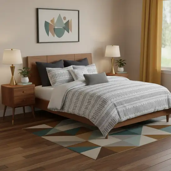 Set of Three Gray And Ivory Striped Queen Ring Stitch Sham And Comforter Photo 1