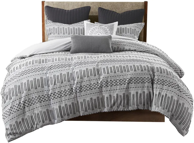 Set of Three Gray And Ivory Striped  Ring Stitch Sham And Comforter Photo 1