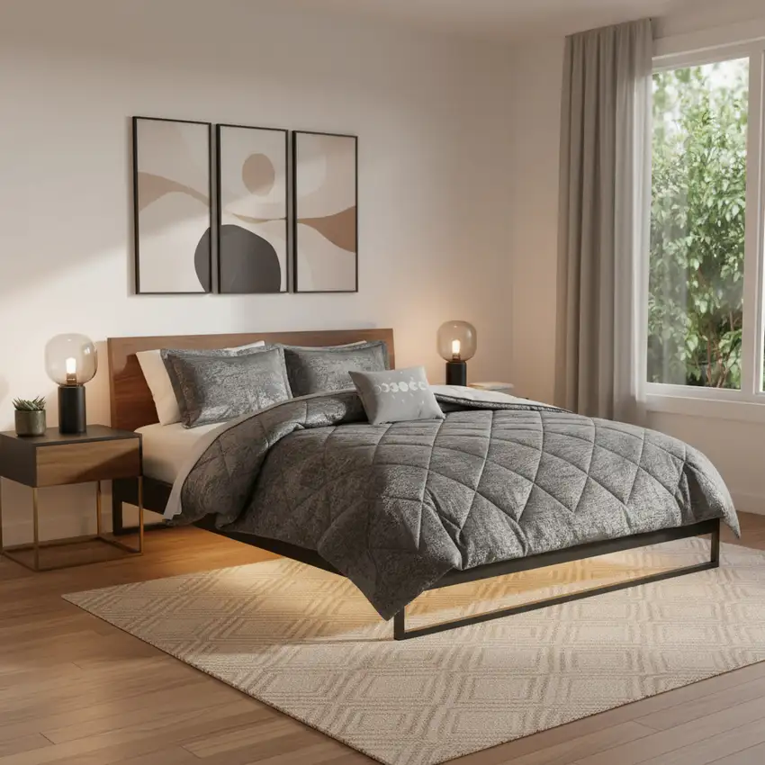 Set of Three Gray Twin Ring Stitch Polyester Sham And Comforter Photo 1