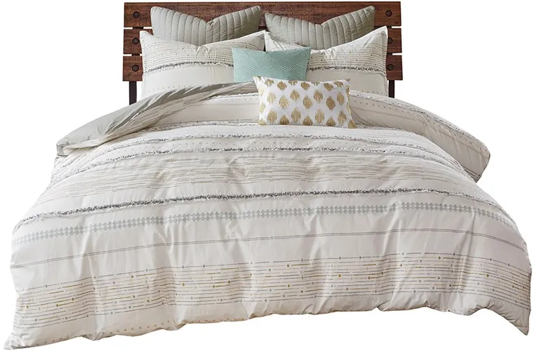 Set of Three Off White And Gray Striped  Ring Stitch Sham And Comforter Photo 2