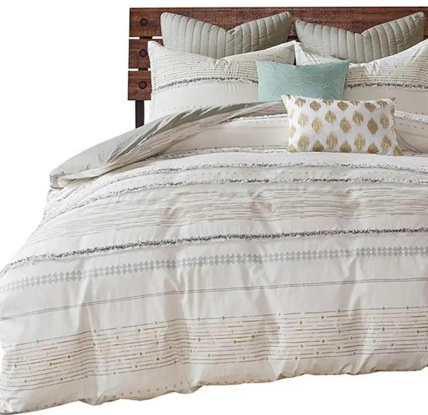 Set of Three Off White And Gray Striped  Ring Stitch Sham And Comforter Photo 5