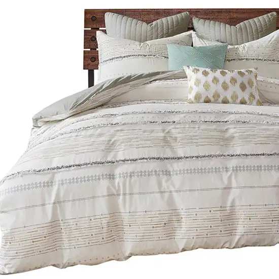 Set of Three Off White And Gray Striped King Ring Stitch Sham And Comforter Photo 5