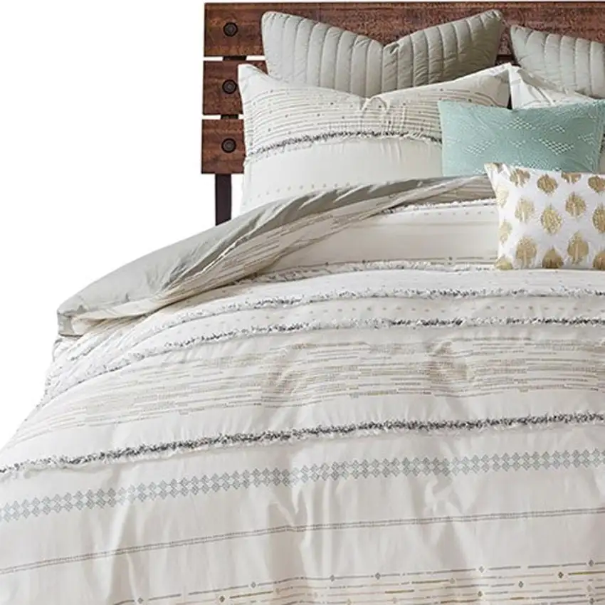Set of Three Off White And Gray Striped King Ring Stitch Sham And Comforter Photo 3